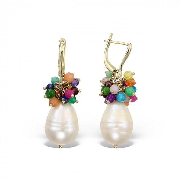 rattle of Supply cercei aur 14k cu perla baroque si pietre multicolore - Bijuteria Safir