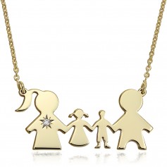 Colier aur 14K  familie cu doi copii si diamant